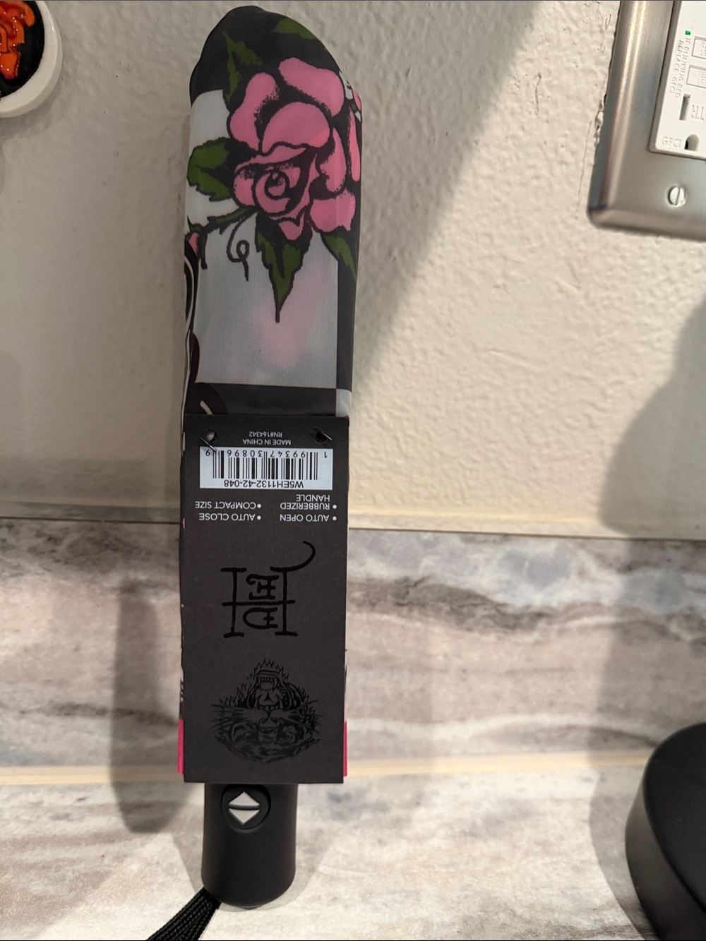 Ed Hardy Floral Compact Umbrella with Pink Rose Print